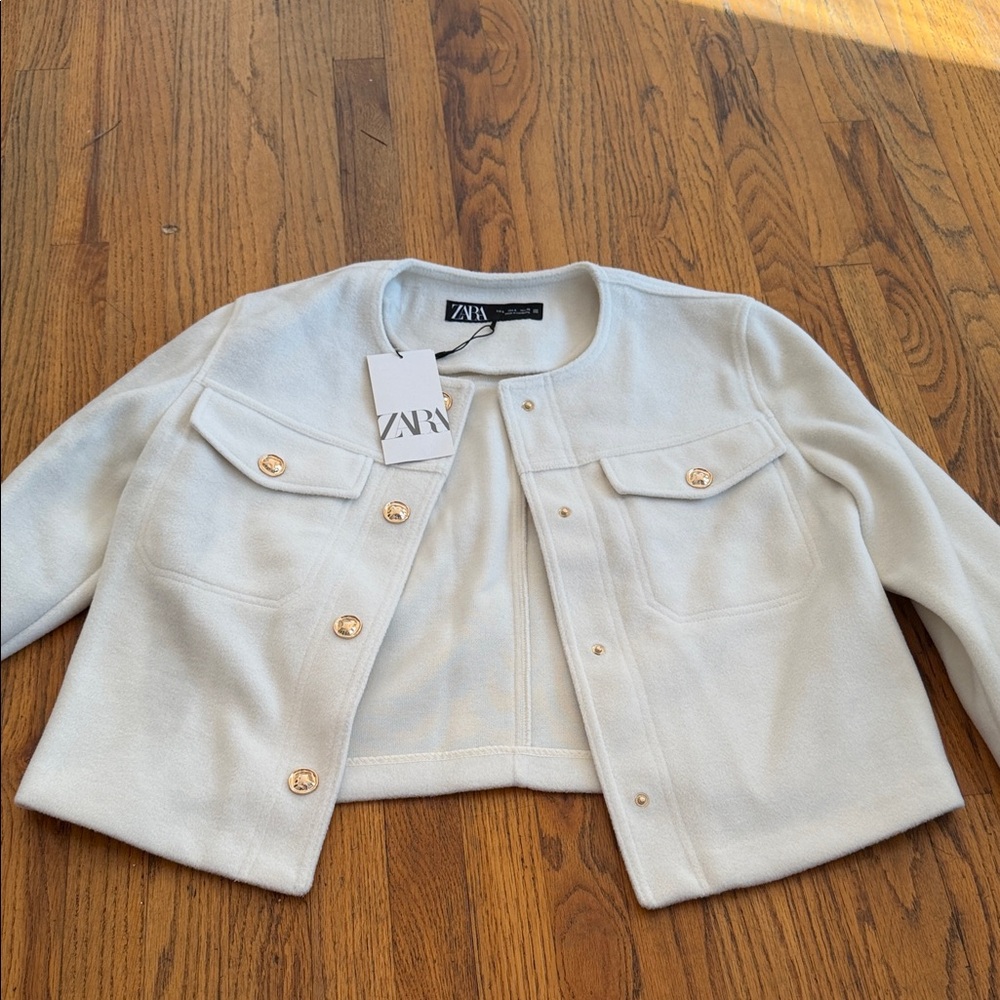 Zara Off-White Cropped Jacket with Gold Accents